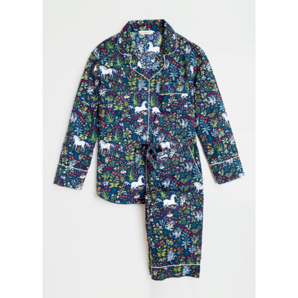 Printfresh Whimsical Unicorn Garden Long Pajama Set in Navy Size Small - Picture 2 of 12